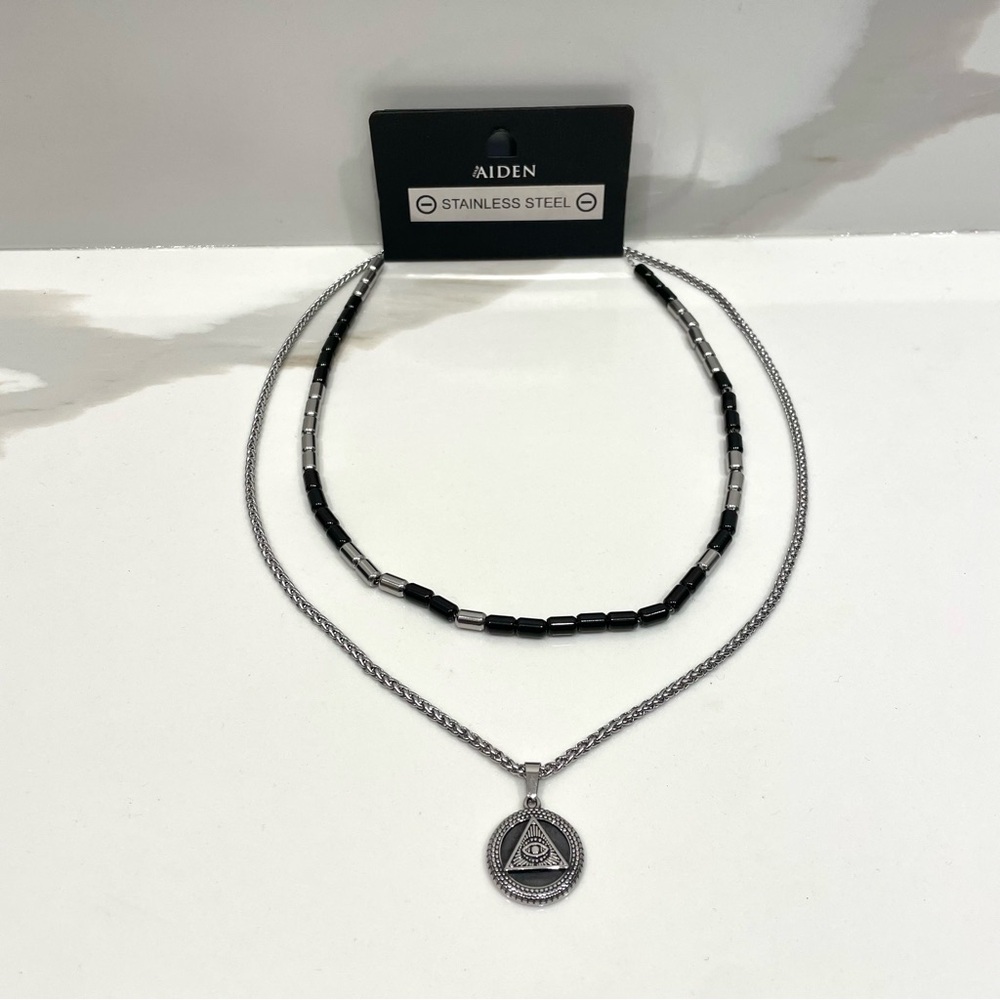 NEW Ava & Aiden Stainless Steel Bead & Chain Necklace w/ Triangle Eye Pendant